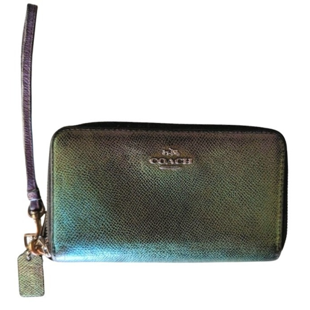 VTG Coach Iridescent Double Zip Wristlet Wallet Green Purple Crossgrain Leather - Picture 10 of 13